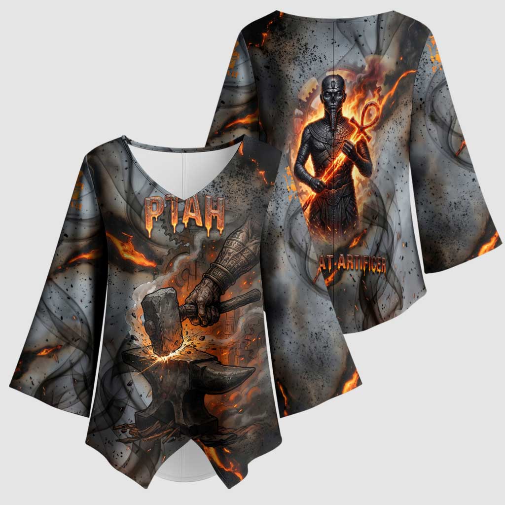 Ptah Egyptian Kimono Sleeve Blouse God of Creation Great Artificer Hammer - Anvil Fire Forged