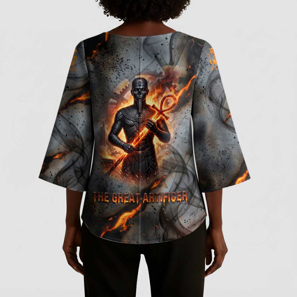 Ptah Egyptian Kimono Sleeve Blouse God of Creation Great Artificer Hammer - Anvil Fire Forged