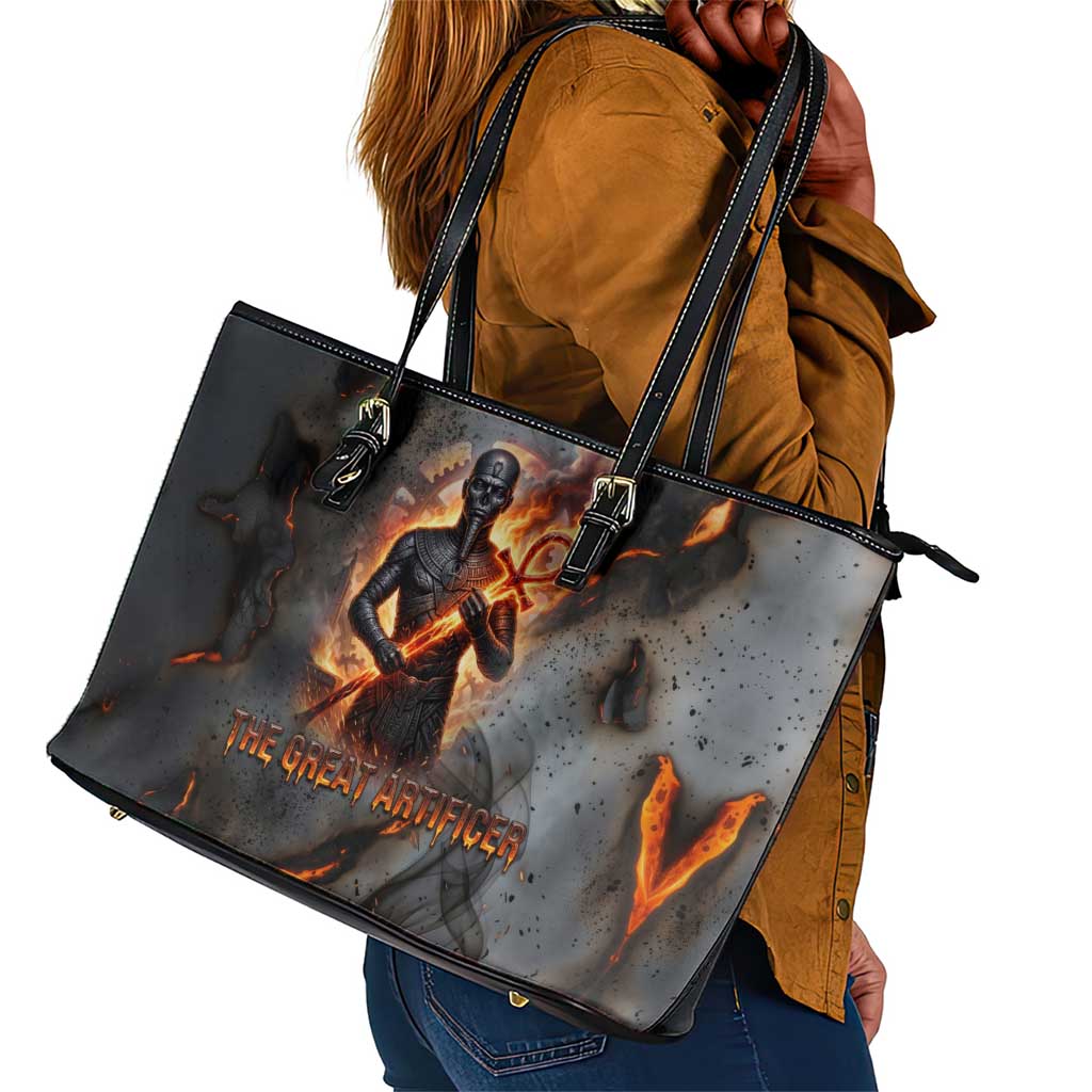 Ptah Egyptian Leather Tote Bag God of Creation Great Artificer Hammer - Anvil Fire Forged
