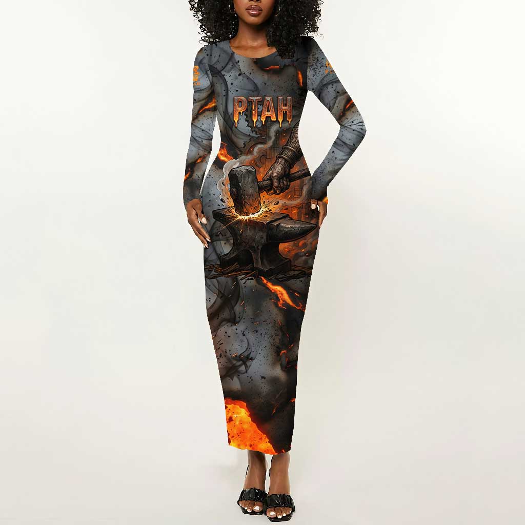 Ptah Egyptian Long Sleeve Bodycon Dress God of Creation Great Artificer Hammer - Anvil Fire Forged
