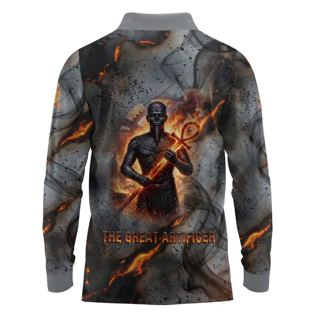Ptah Egyptian Long Sleeve Polo Shirt God of Creation Great Artificer Hammer - Anvil Fire Forged