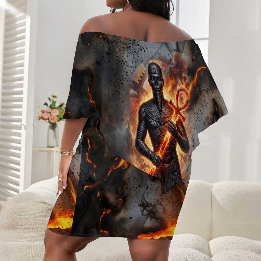 Ptah Egyptian Off Shoulder Short Dress God of Creation Great Artificer Hammer - Anvil Fire Forged