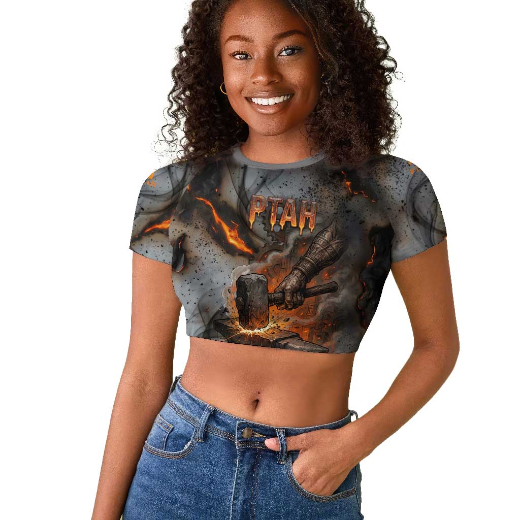 Ptah Egyptian Raglan Cropped T shirt God of Creation Great Artificer Hammer - Anvil Fire Forged