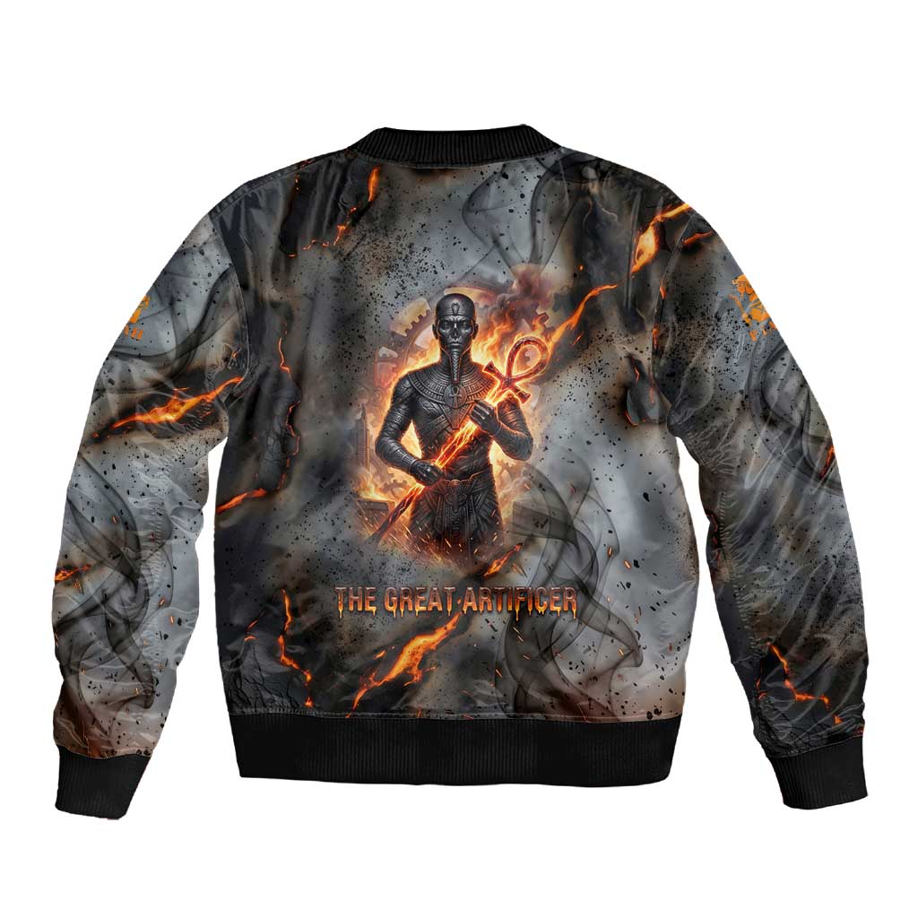 Ptah Egyptian Sleeve Zip Bomber Jacket God of Creation Great Artificer Hammer - Anvil Fire Forged