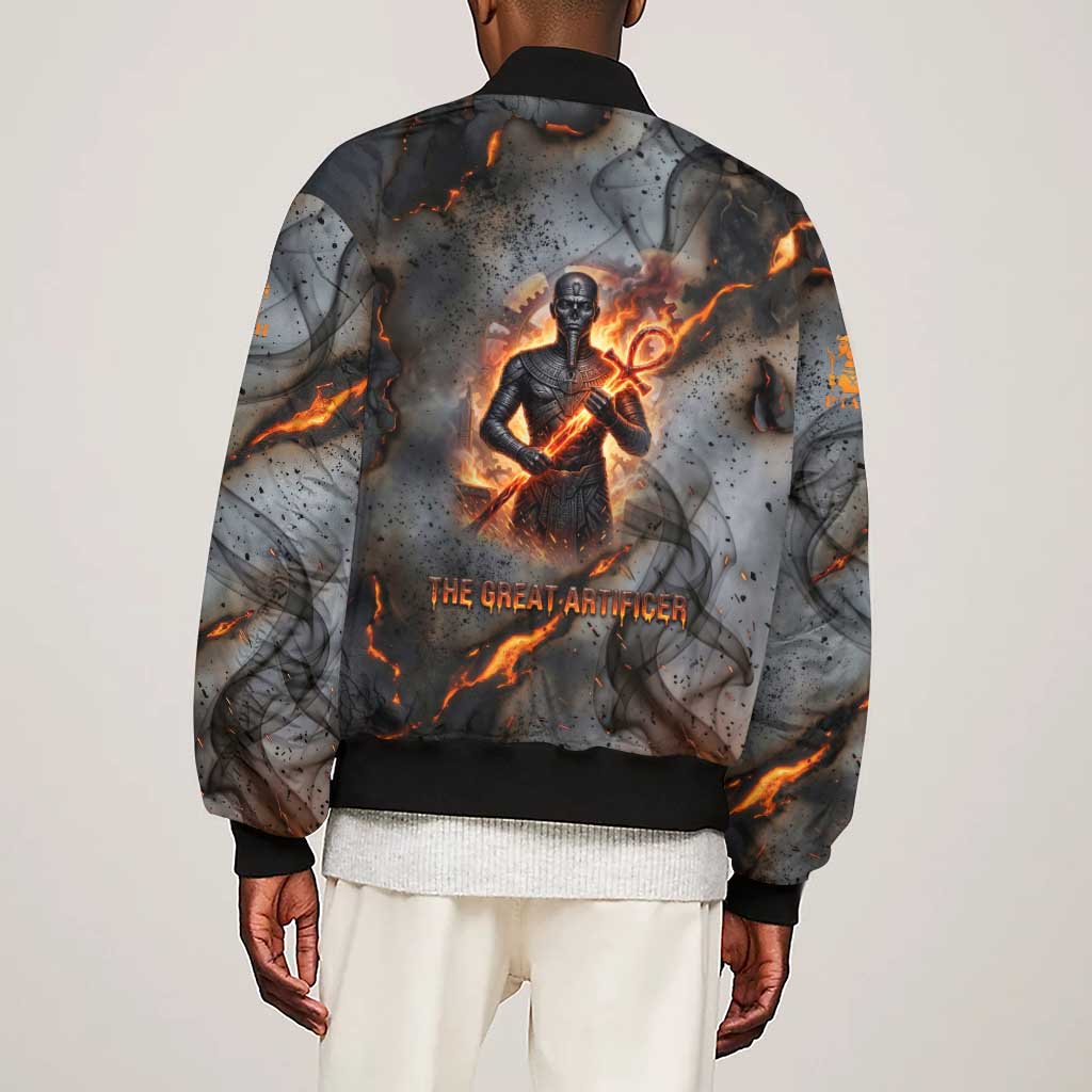 Ptah Egyptian Sleeve Zip Bomber Jacket God of Creation Great Artificer Hammer - Anvil Fire Forged