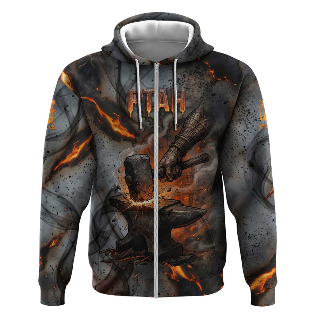 Ptah Egyptian Zip Hoodie God of Creation Great Artificer Hammer - Anvil Fire Forged