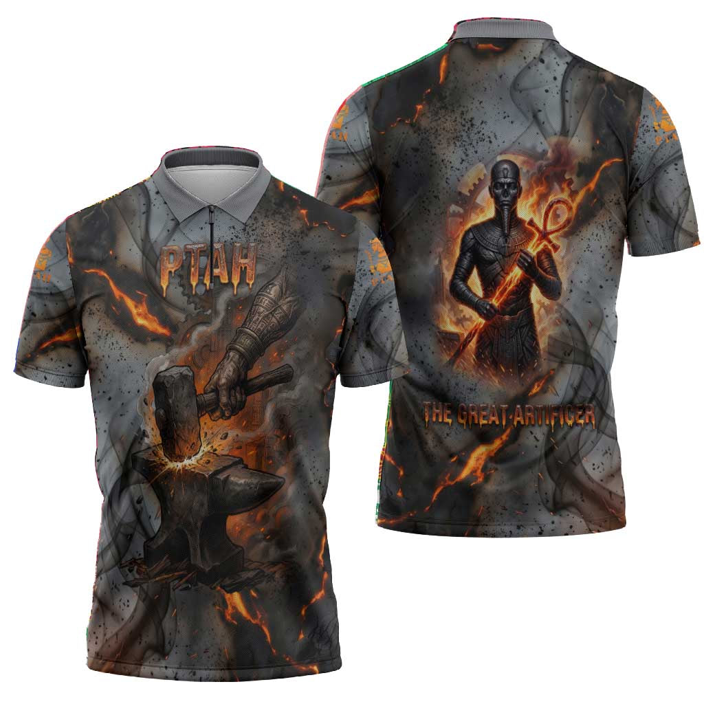 Ptah Egyptian Zipper Polo Shirt God of Creation Great Artificer Hammer - Anvil Fire Forged