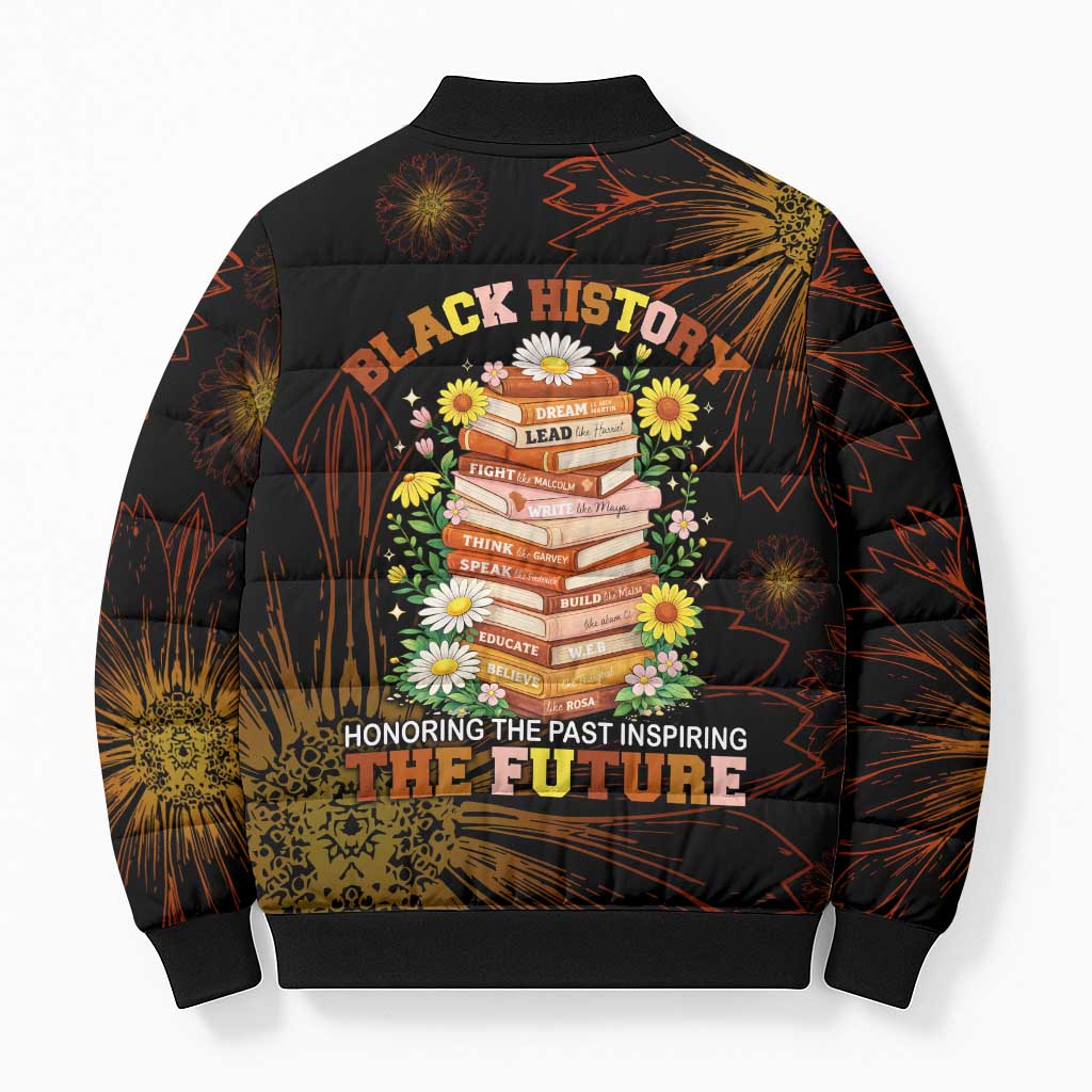 Black History Month Black African American Teachers Bomber Puffer Jacket Afrocentric Floral Art with Motivational Typography