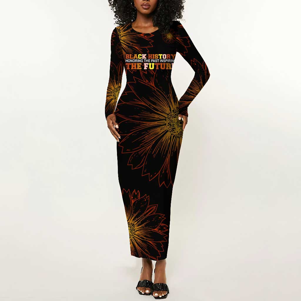 Black History Month Black African American Teachers Long Sleeve Bodycon Dress Afrocentric Floral Art with Motivational Typography