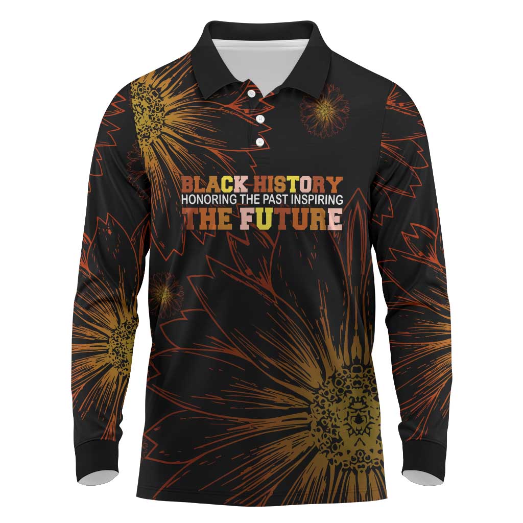 Black History Month Black African American Teachers Long Sleeve Polo Shirt Afrocentric Floral Art with Motivational Typography