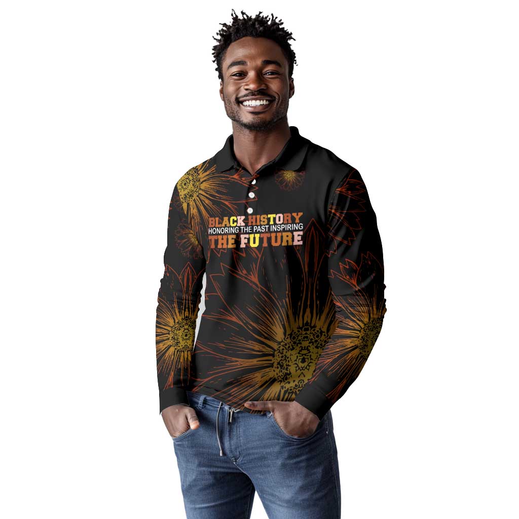 Black History Month Black African American Teachers Long Sleeve Polo Shirt Afrocentric Floral Art with Motivational Typography