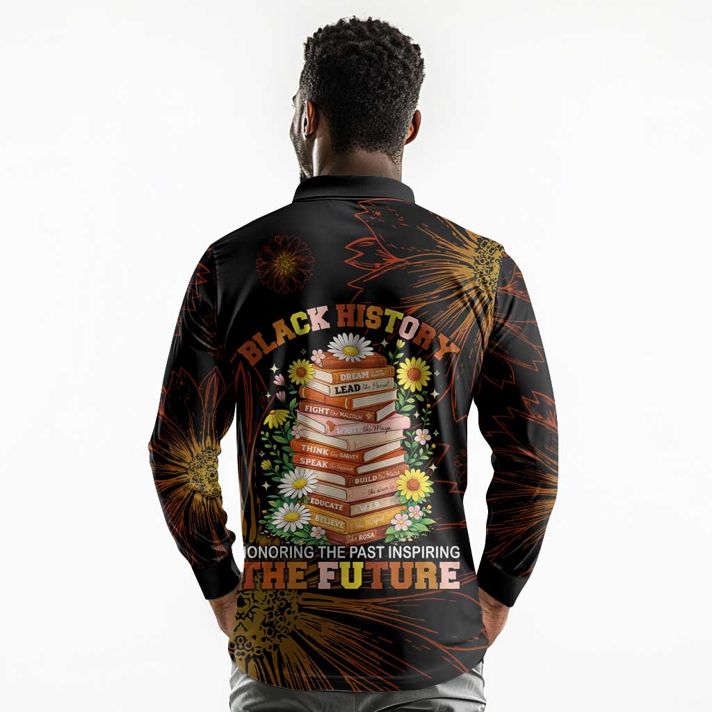 Black History Month Black African American Teachers Long Sleeve Polo Shirt Afrocentric Floral Art with Motivational Typography