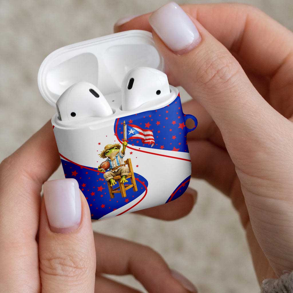 Puerto Rico Coquí Frog Football Fan AirPods Case Whimsical Cartoon Style with Patriotic Elements