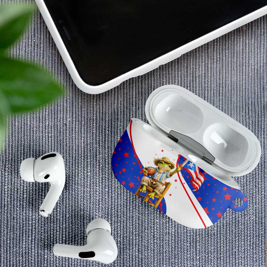 Puerto Rico Coquí Frog Football Fan AirPods Case Whimsical Cartoon Style with Patriotic Elements