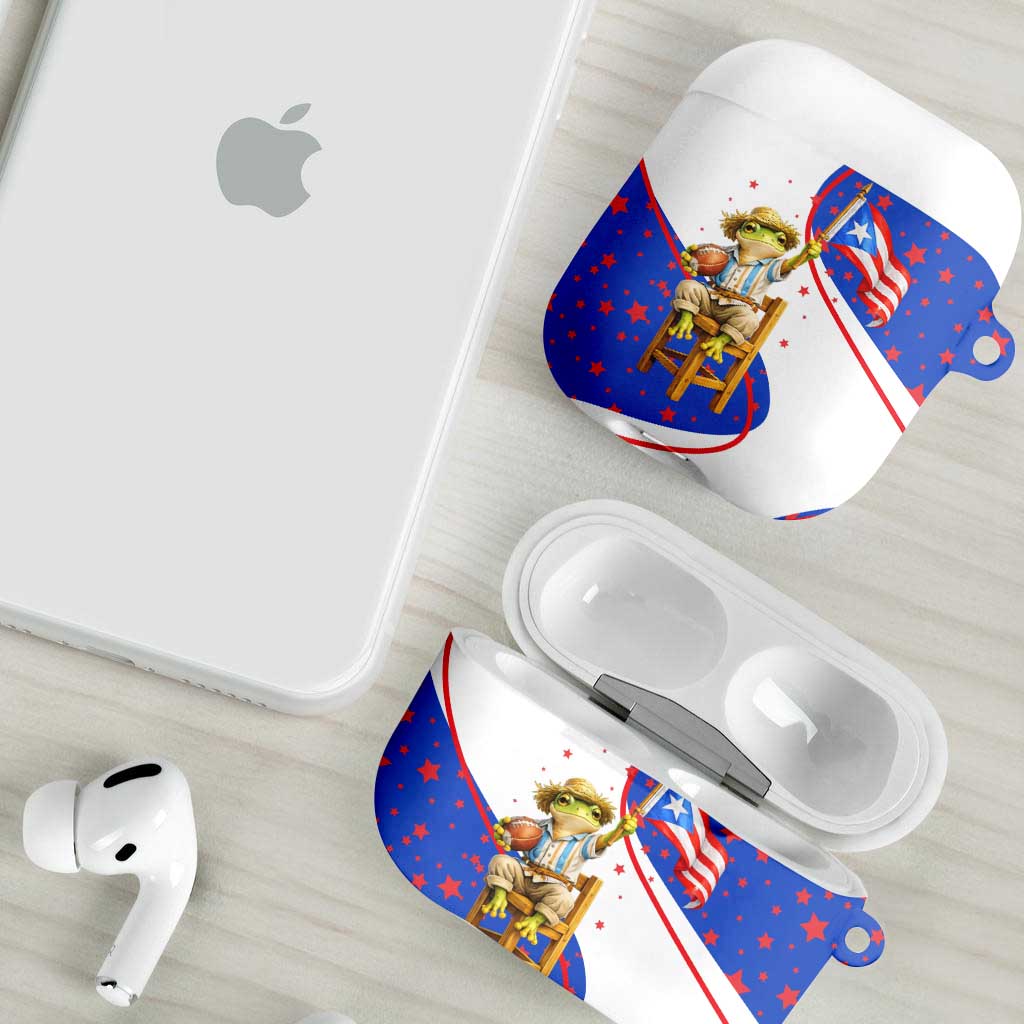 Puerto Rico Coquí Frog Football Fan AirPods Case Whimsical Cartoon Style with Patriotic Elements