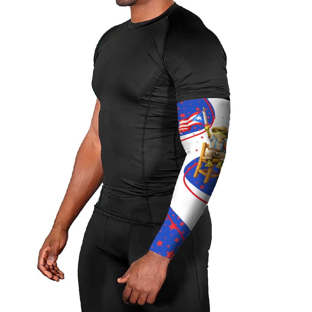 Puerto Rico Coquí Frog Football Fan Arm Sleeves Whimsical Cartoon Style with Patriotic Elements