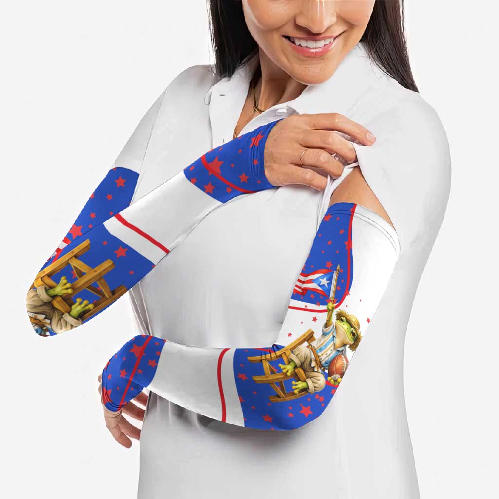 Puerto Rico Coquí Frog Football Fan Arm Sleeves Whimsical Cartoon Style with Patriotic Elements