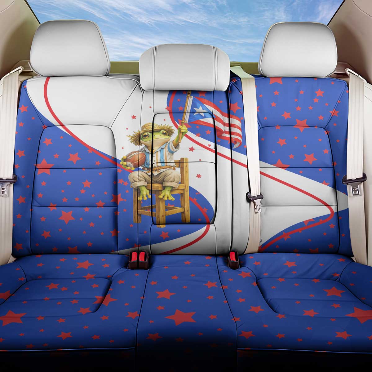 Puerto Rico Coquí Frog Football Fan Back Car Seat Cover Whimsical Cartoon Style with Patriotic Elements
