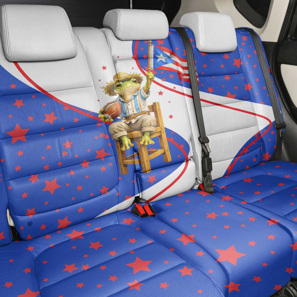 Puerto Rico Coquí Frog Football Fan Back Car Seat Cover Whimsical Cartoon Style with Patriotic Elements