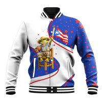 Puerto Rico Coquí Frog Football Fan Baseball Jacket Whimsical Cartoon Style with Patriotic Elements