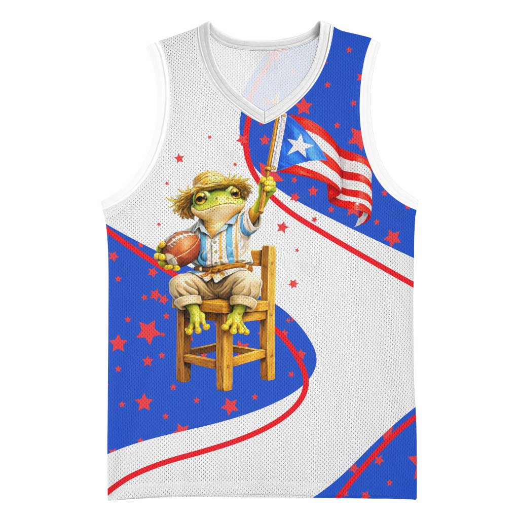 Puerto Rico Coquí Frog Football Fan Basketball Jersey Whimsical Cartoon Style with Patriotic Elements
