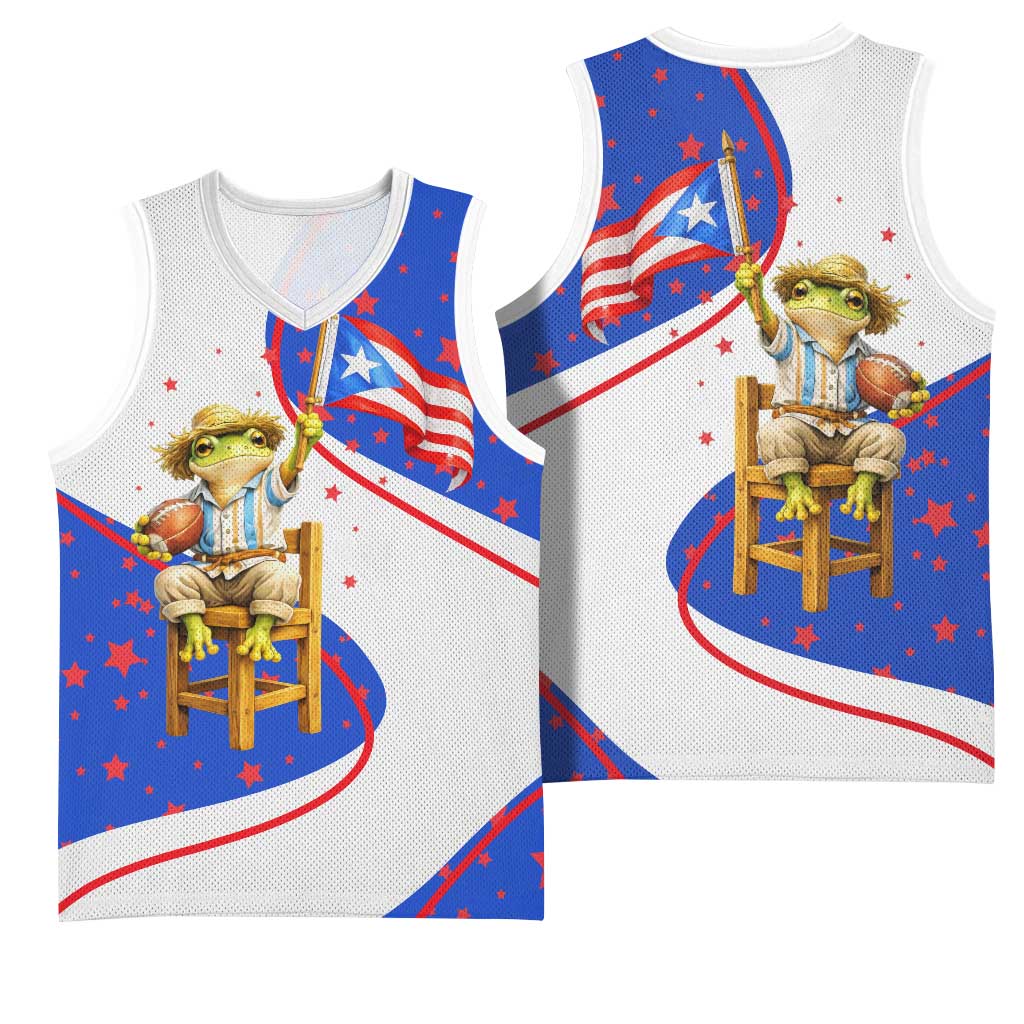 Puerto Rico Coquí Frog Football Fan Basketball Jersey Whimsical Cartoon Style with Patriotic Elements