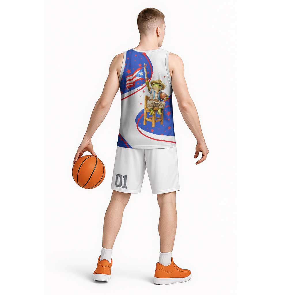 Puerto Rico Coquí Frog Football Fan Basketball Jersey Whimsical Cartoon Style with Patriotic Elements