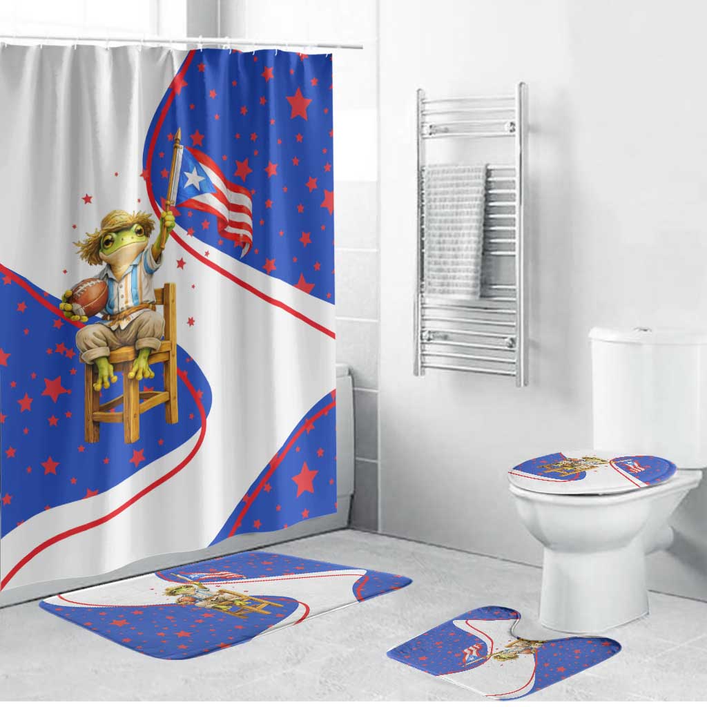 Puerto Rico Coquí Frog Football Fan Bathroom Set Whimsical Cartoon Style with Patriotic Elements