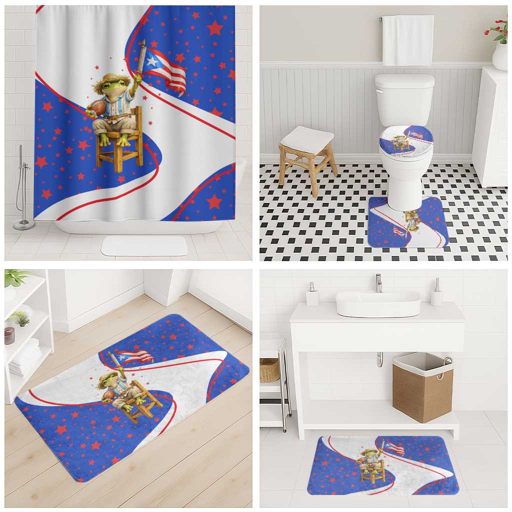 Puerto Rico Coquí Frog Football Fan Bathroom Set Whimsical Cartoon Style with Patriotic Elements