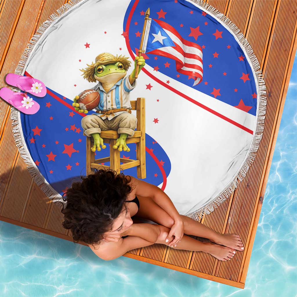Puerto Rico Coquí Frog Football Fan Beach Blanket Whimsical Cartoon Style with Patriotic Elements