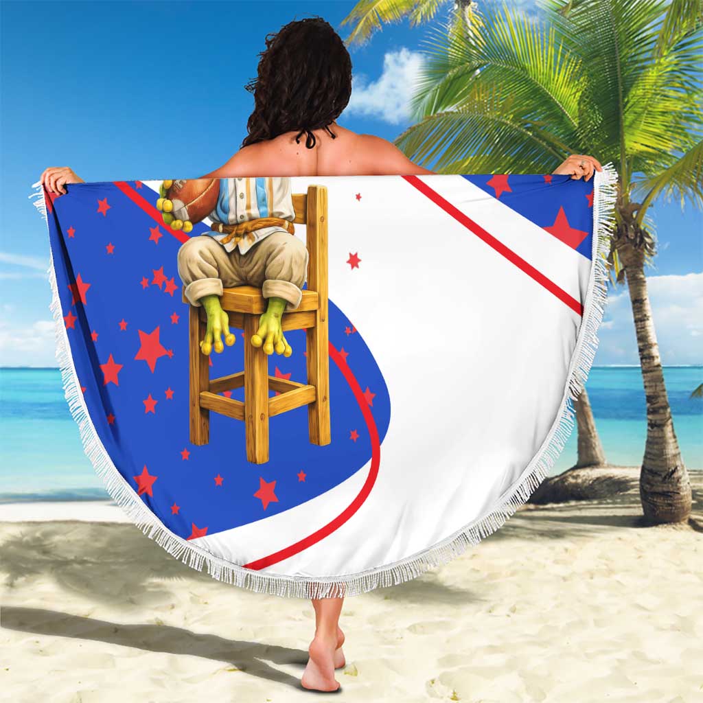 Puerto Rico Coquí Frog Football Fan Beach Blanket Whimsical Cartoon Style with Patriotic Elements