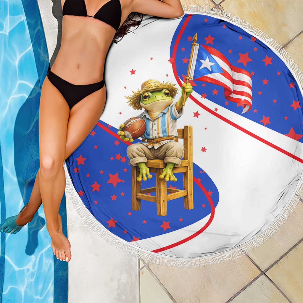 Puerto Rico Coquí Frog Football Fan Beach Blanket Whimsical Cartoon Style with Patriotic Elements