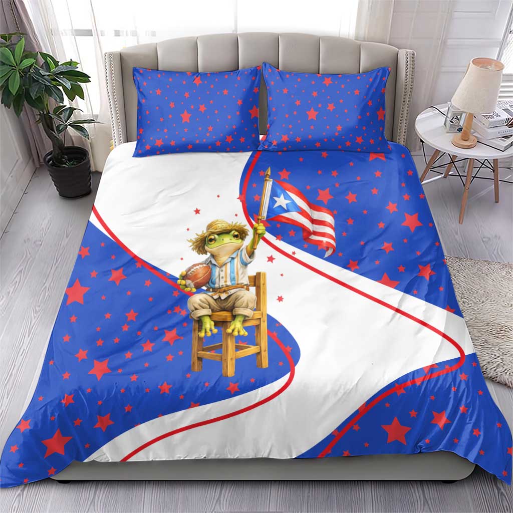 Puerto Rico Coquí Frog Football Fan Bedding Set Whimsical Cartoon Style with Patriotic Elements
