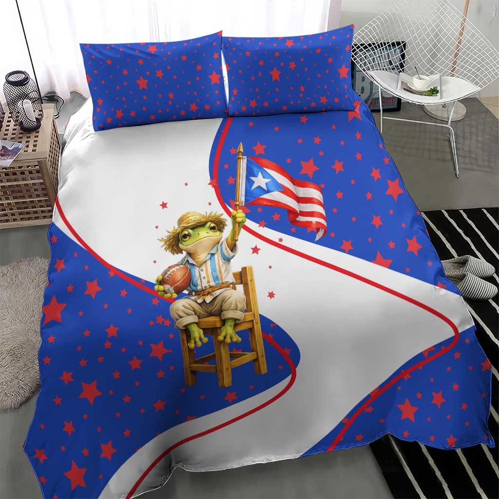 Puerto Rico Coquí Frog Football Fan Bedding Set Whimsical Cartoon Style with Patriotic Elements