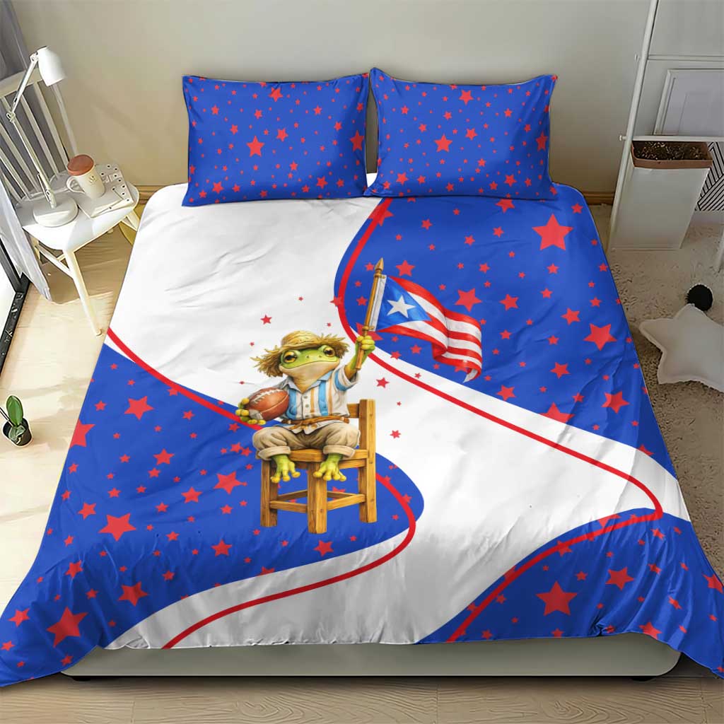 Puerto Rico Coquí Frog Football Fan Bedding Set Whimsical Cartoon Style with Patriotic Elements