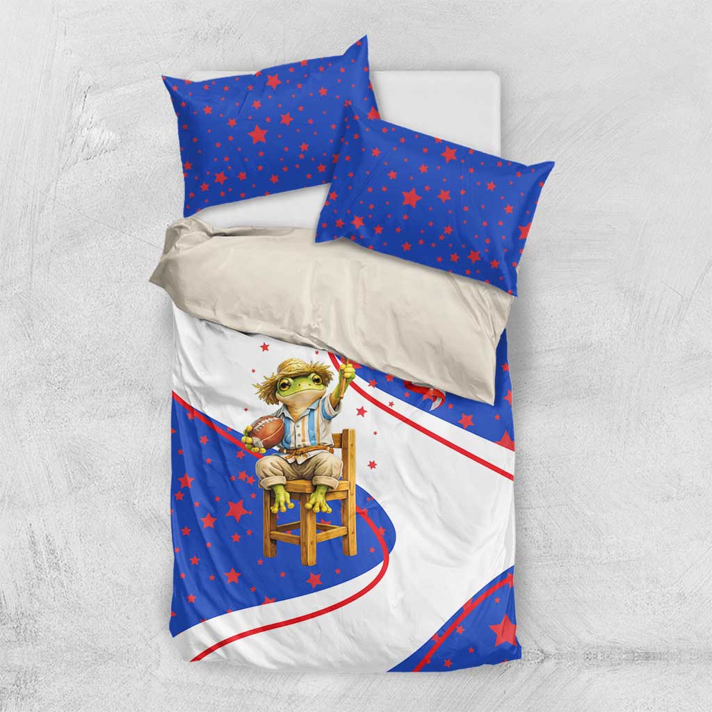Puerto Rico Coquí Frog Football Fan Bedding Set Whimsical Cartoon Style with Patriotic Elements