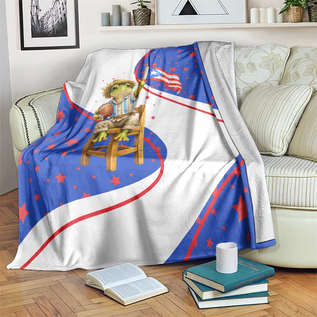 Puerto Rico Coquí Frog Football Fan Blanket Whimsical Cartoon Style with Patriotic Elements
