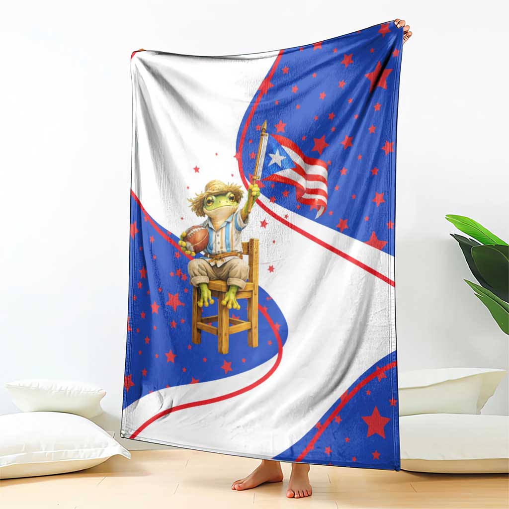 Puerto Rico Coquí Frog Football Fan Blanket Whimsical Cartoon Style with Patriotic Elements