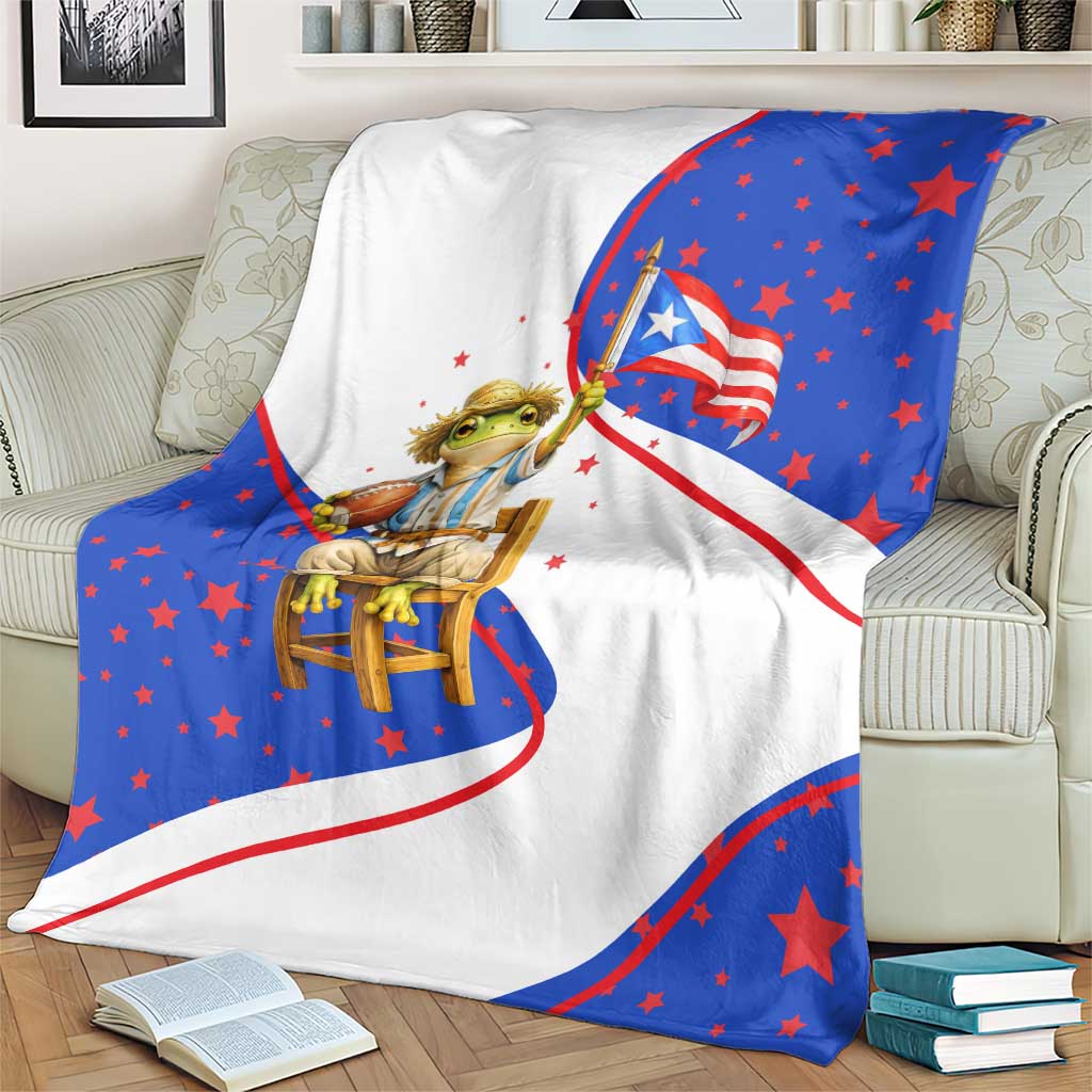 Puerto Rico Coquí Frog Football Fan Blanket Whimsical Cartoon Style with Patriotic Elements