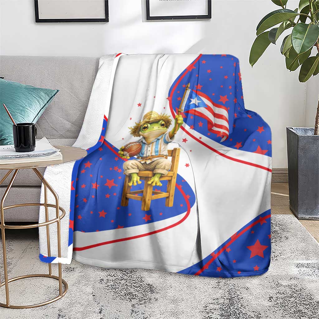 Puerto Rico Coquí Frog Football Fan Blanket Whimsical Cartoon Style with Patriotic Elements