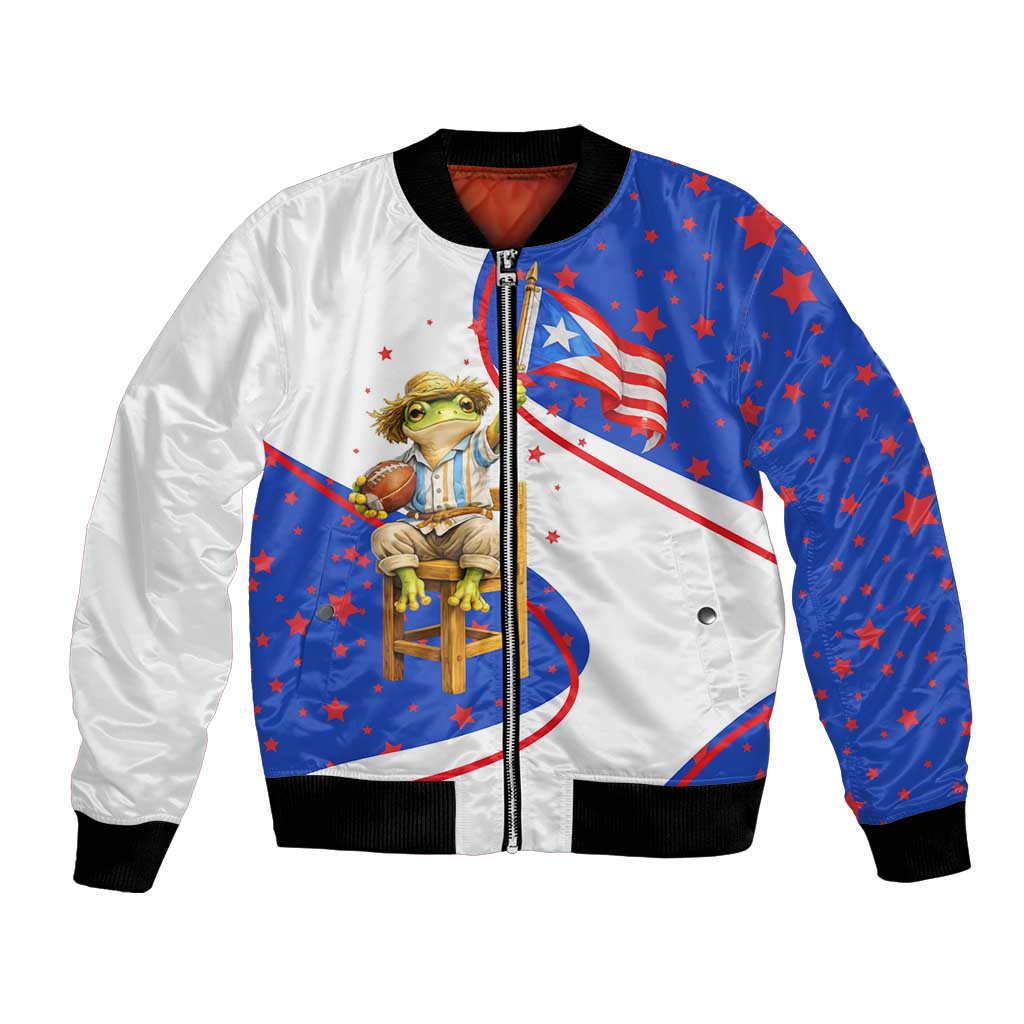 Puerto Rico Coquí Frog Football Fan Bomber Jacket Whimsical Cartoon Style with Patriotic Elements