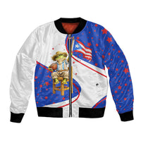 Puerto Rico Coquí Frog Football Fan Bomber Jacket Whimsical Cartoon Style with Patriotic Elements