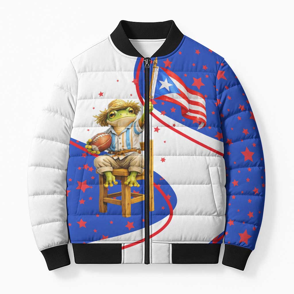 Puerto Rico Coquí Frog Football Fan Bomber Puffer Jacket Whimsical Cartoon Style with Patriotic Elements