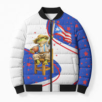 Puerto Rico Coquí Frog Football Fan Bomber Puffer Jacket Whimsical Cartoon Style with Patriotic Elements
