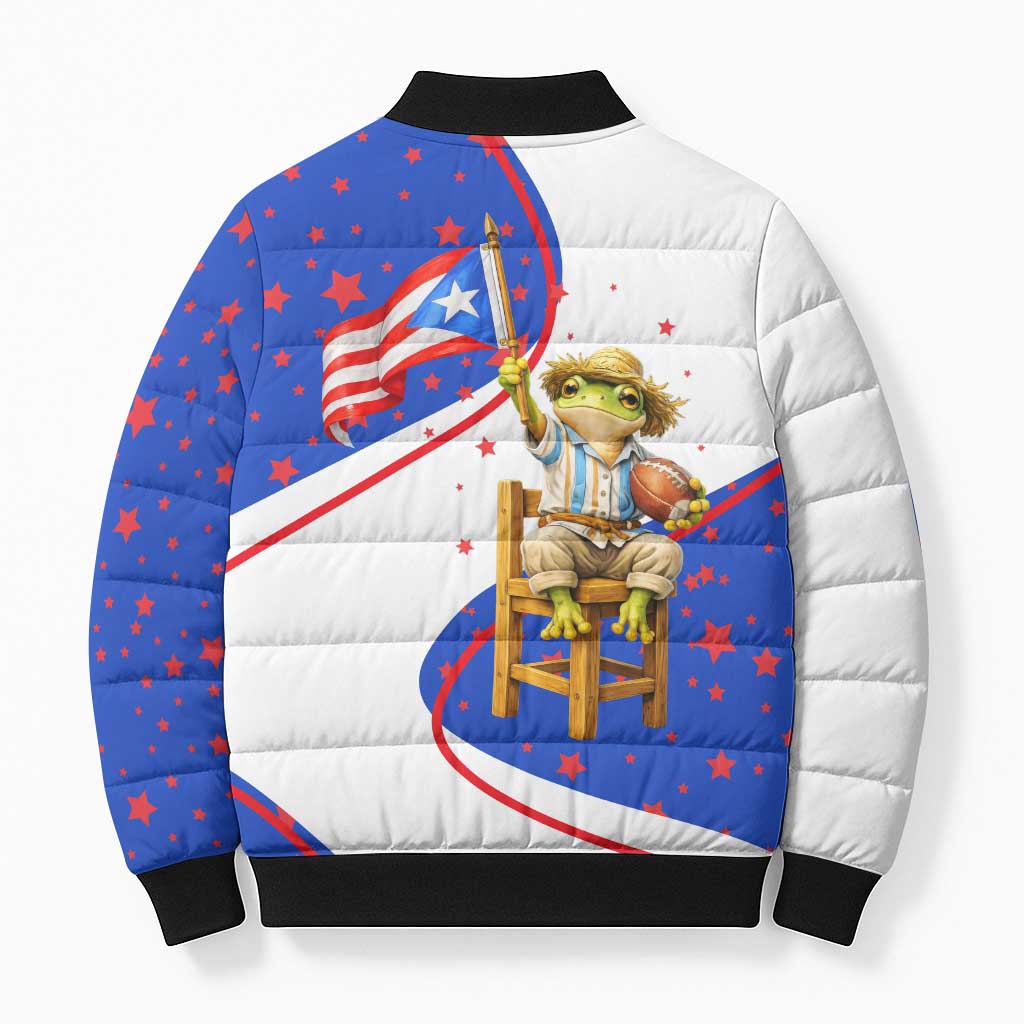Puerto Rico Coquí Frog Football Fan Bomber Puffer Jacket Whimsical Cartoon Style with Patriotic Elements