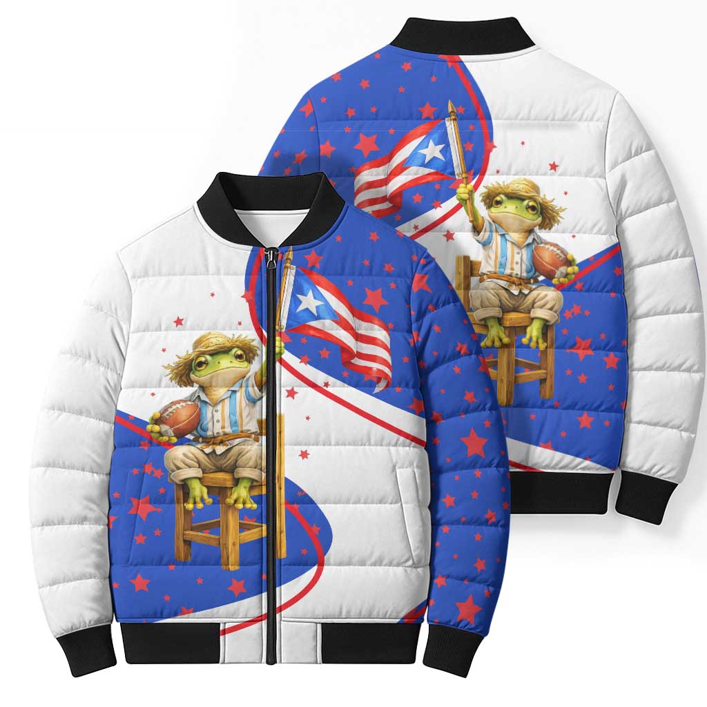 Puerto Rico Coquí Frog Football Fan Bomber Puffer Jacket Whimsical Cartoon Style with Patriotic Elements