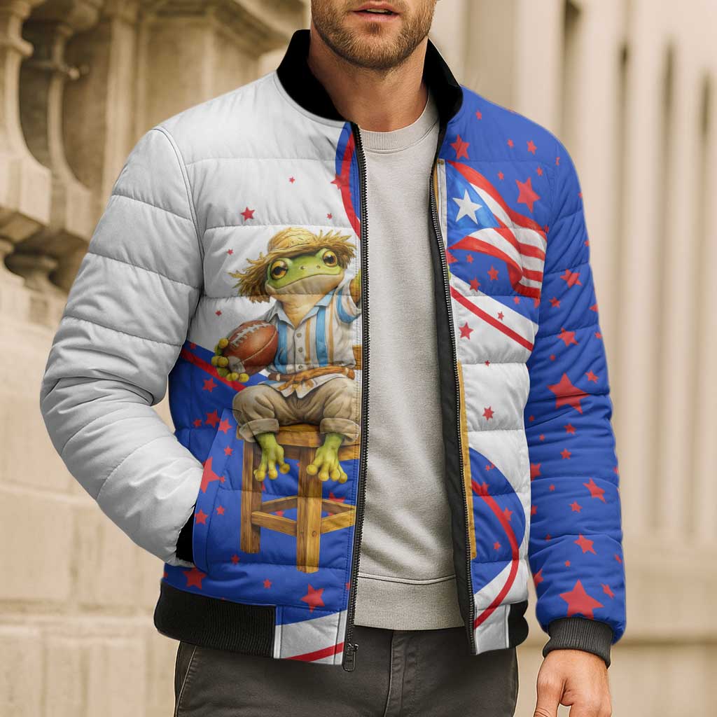 Puerto Rico Coquí Frog Football Fan Bomber Puffer Jacket Whimsical Cartoon Style with Patriotic Elements