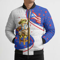 Puerto Rico Coquí Frog Football Fan Bomber Puffer Jacket Whimsical Cartoon Style with Patriotic Elements