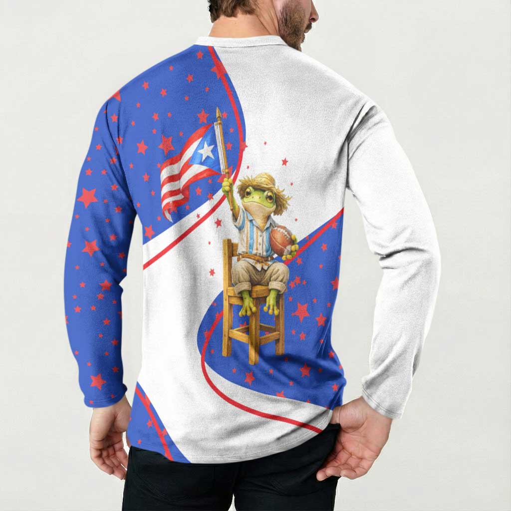 Puerto Rico Coquí Frog Football Fan Button Sweatshirt Whimsical Cartoon Style with Patriotic Elements