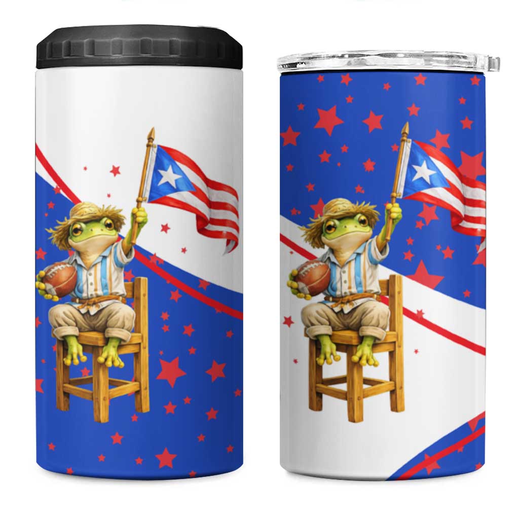 Puerto Rico Coquí Frog Football Fan 4 in 1 Can Cooler Tumbler Whimsical Cartoon Style with Patriotic Elements